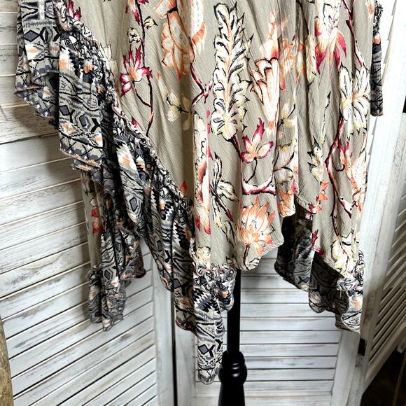 ANGIE Women's Sm Open Front Kimono Top Floral Ruffle Tim Taupe Coral Oversized - Picture 8 of 16